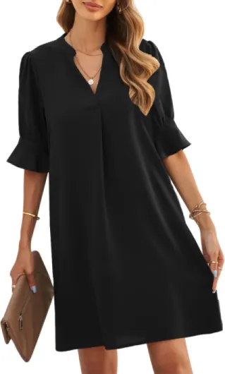 Womens Dresses V-Neck Ruffled Short Sleeve Dress Casual Shift Dress Summer Dresses for Women 2025 Medium 02-black
