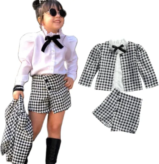 LXXIASHI 3PCS Toddler Baby Girl Ruffle Collar Button-Down Shirt + Long Sleeve Plaid Cardigan + Houndstooth Shorts Sets 6-7 Years Black White