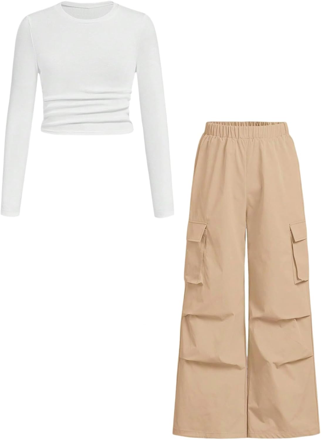 Girls Clothes 2 Piece Outfit Ribbed T-Shirt Top + Cargo Pants, Girls Fall Clothing Set, Sizes 5-16 Years Khaki 9-10 Years