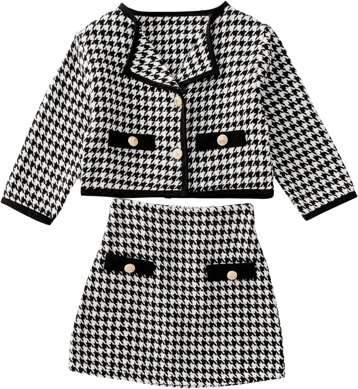 Girl's 2 Piece Houndstooth Outfits Tweed Jacket and Skirt Set Tea Party Suits 5T Black and White