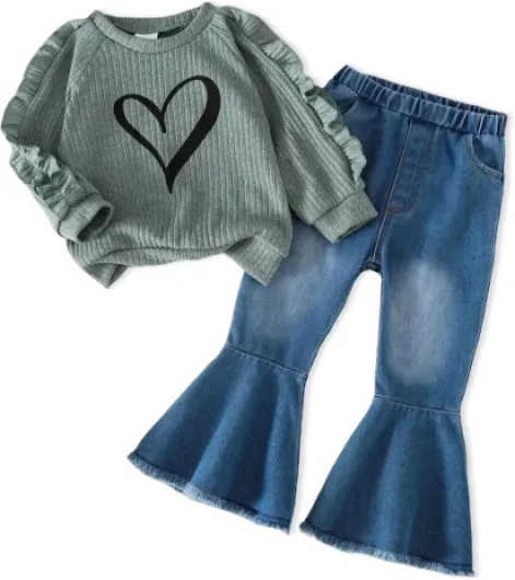 Toddler Baby Girls Clothes Infant Fall Outfit Winter Sweatshirt Top Flare Pants Jeans Denim Cute Little Clothing Set W-green-jean 4-5T