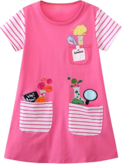 Little Girls Casual Cotton Dress Cartoon Print Short Sleeve Summer T-Shirt Skirt Dresses 6 Years Scientist & Pink