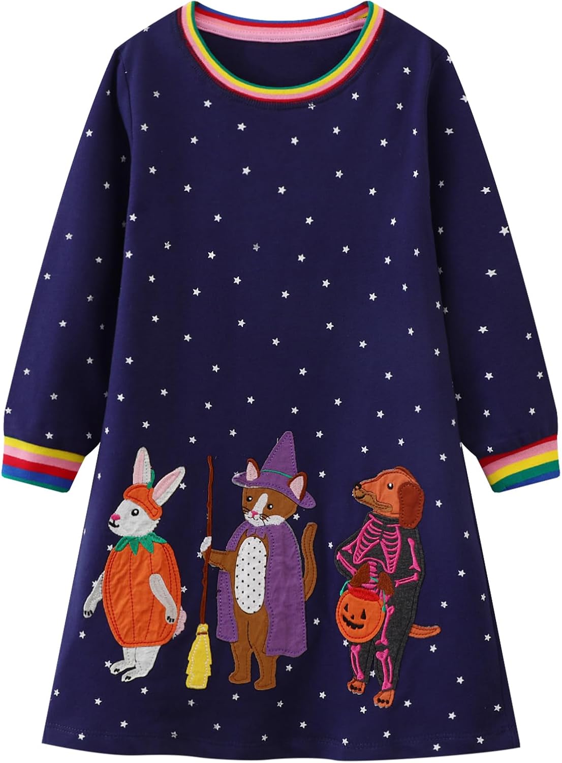 Girls Cotton Long Sleeve Dress Casual Cartoon Appliques Party Dresses 4T Rabbit&navy