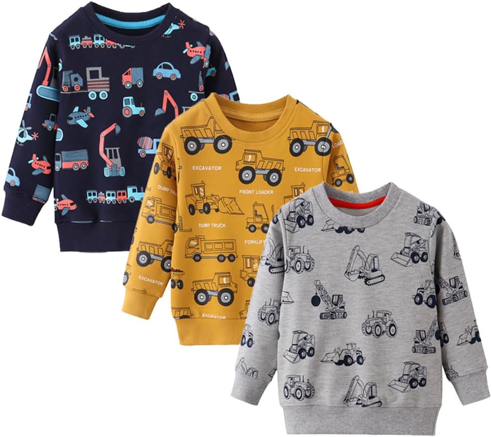 Toddler Boys 3 Pack Cotton Pullover Crewneck Sweatshirt Long Sleeve Cartoon Shirt Sweaters Tops 3-4T A Excavator