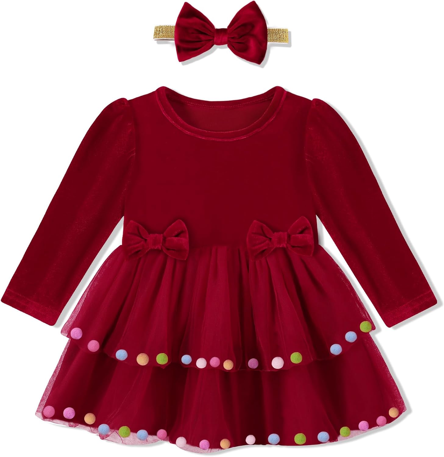 Baby Girl Christmas Dress Infant Long Sleeve Holiday Outfit Fall Winter Tulle Velvet Dresses with Headband 3M-3T Red 2-3T