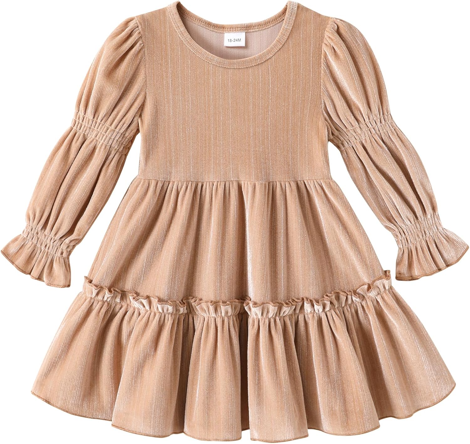 Toddler Girl Dress Velvet Long Sleeve Sundress Princess Party Outfits Fall Winter Clothes 1-6T Light Brown 18-24 Months