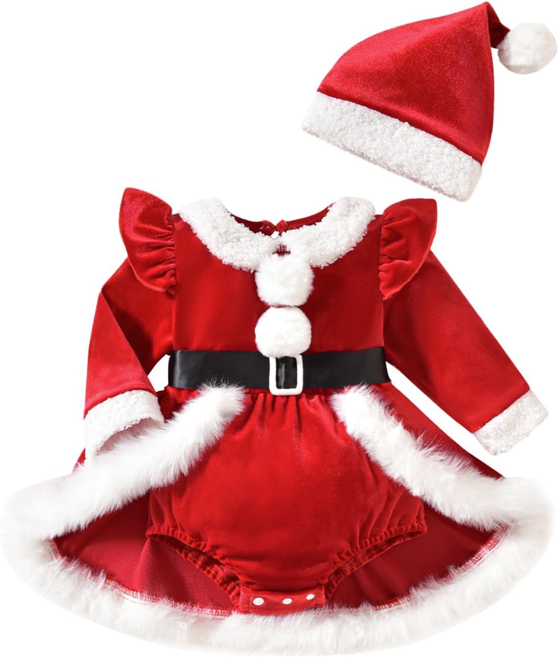 Baby Girl Christmas Outfit Santa Claus Newborn Infant Long Sleeve Fur Trim Velvet Romper Dress with Hat Christmas Red 6-9 Months