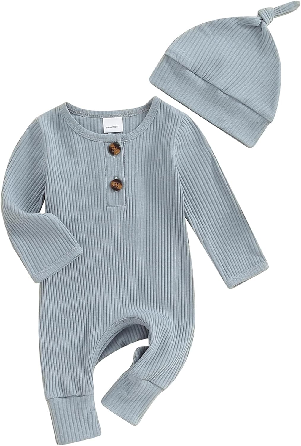 Infant Boys Girls Clothes Set Newborn Baby Romper Hat Ribbed Knit Long Sleeve Button Solid Bodysuit Jumpsuit 0-3 Months Grey-blue