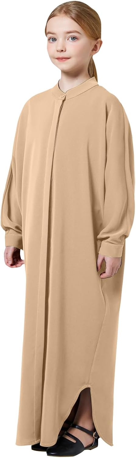 Abaya Dress For Girls Abayas Long Sleeve Ethnic Shirts Dress For Girl Muslim Clothes Kid Eid Ramadan Prayer Outfits Kaftan Dresses Batwing Sleeve Loose Maxi Robe Dress Khaki 11-12 Years