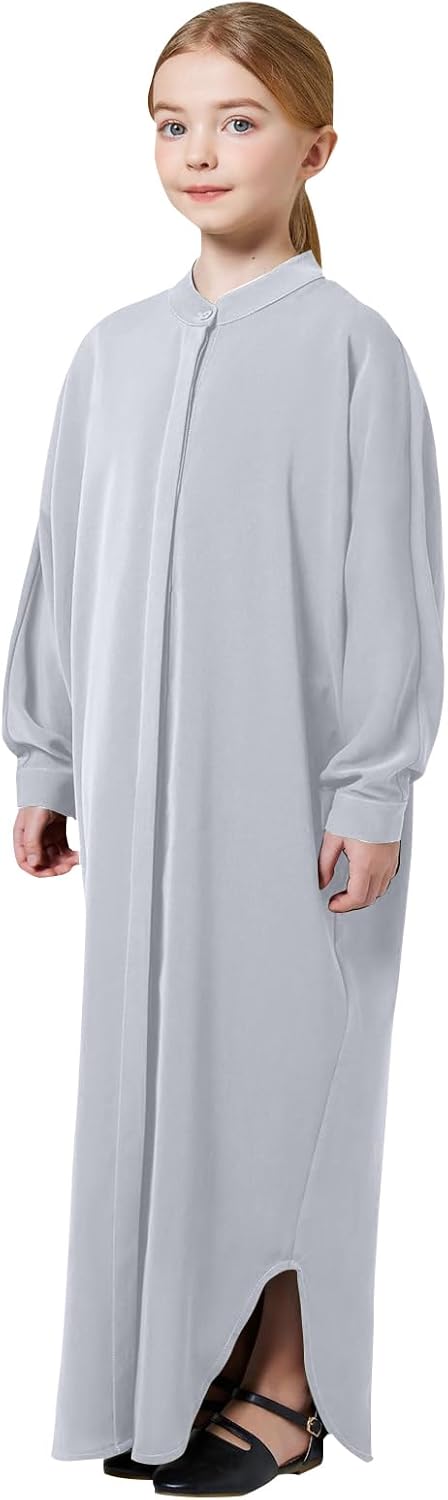 Girls Ramadan Abaya Muslim Batwing Sleeve Long Shirt Prayer Dress Kaftan Dubai Islamic Loose Maxi Dress Light Gray 9-10 Years