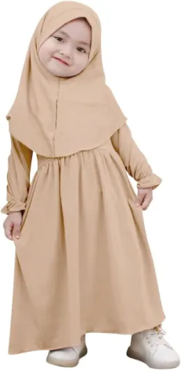 2PCS Newborn Baby Girls Muslim Abaya Prayer Dress with Hijab Islamic Middle East Arab Dubai Robe Ramadan Eid Clothes Champagne 2-3T