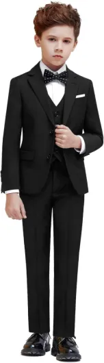 Boys Suit Set with Suspenders, Suit with 3 Versions-Regular, Slim and Husky Regular 16 Regular Black 7 Pcs
