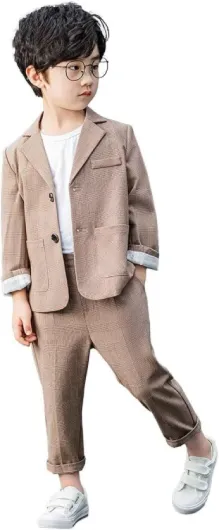 Boys Plaid Blazer Pants Set Casual Suit Classic Kids 2 Piece Sport Coats Outfits 5-6 Khaki