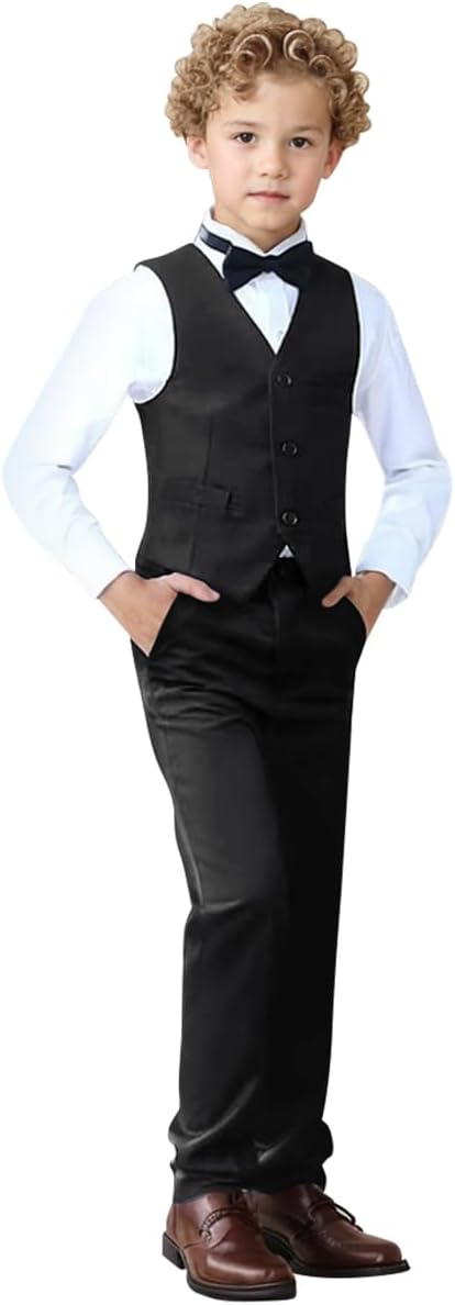 Boys Suit Set Formal Dress Shirt with Bowtie Vest Pants Toddler Boy Tuxedo Suits 5T Black 4pc