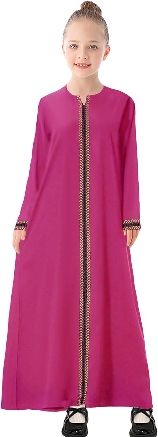 Kids Girls Gold Embroidered Muslim Dress Abaya Long Sleeve Eid Robe Prayer Clothes 7-8 Years Rose Red