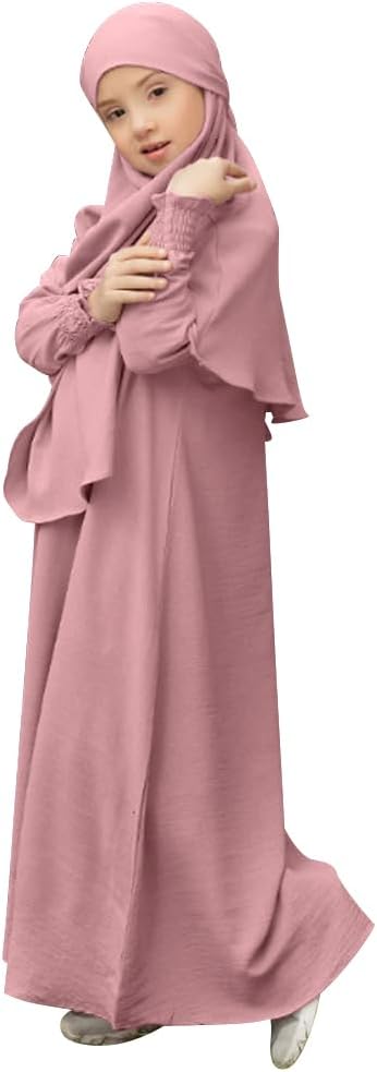 Abaya for Girls Muslim Long Sleeve Prayer Dress Ramadan Kaftan Abaya with Hijab Islamic Clothing Arabic Eid Robe Pink 5-6 Years