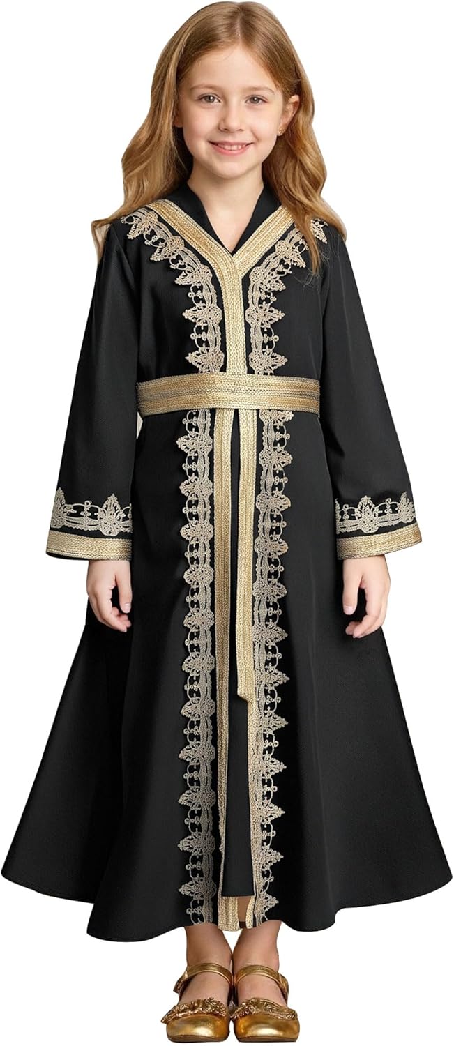 Girls Muslim Ramadan Abaya Kids Long Sleeve V Neck Lace Prayer Dress Middle East Arabic Kaftan Dress with Belt Black 10-11 Years
