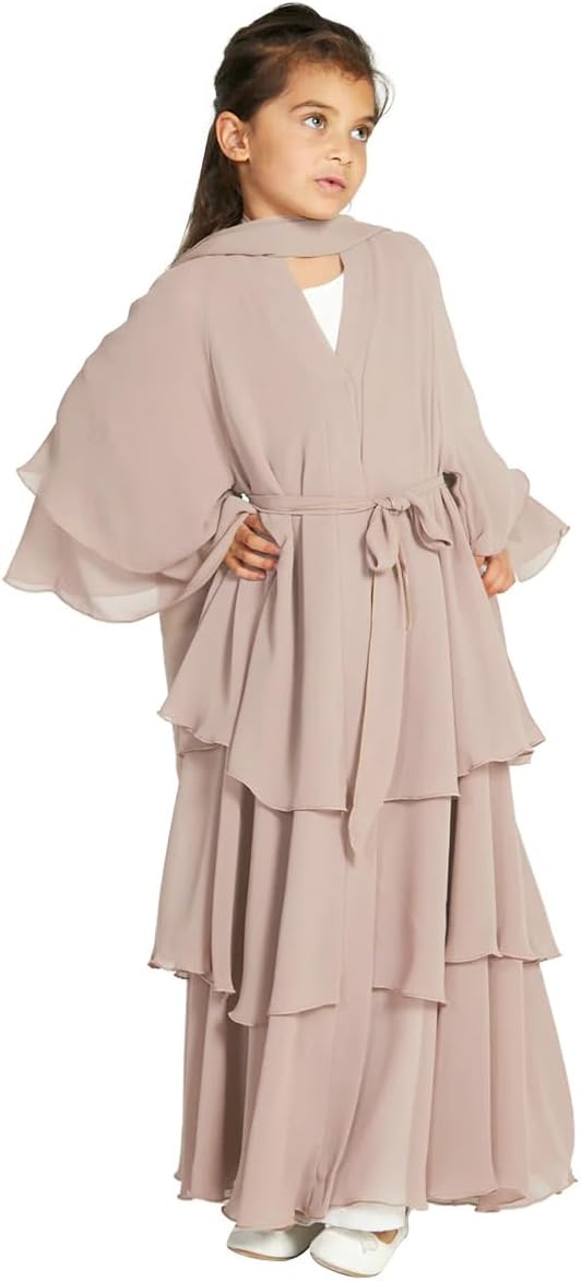 Kids Abayas Dress for Girls Muslim Dress with Hijab Chiffon Layered Islam Kaftan Robe Open Front Cardigan Prayer Dress Apricot 5-6 Years