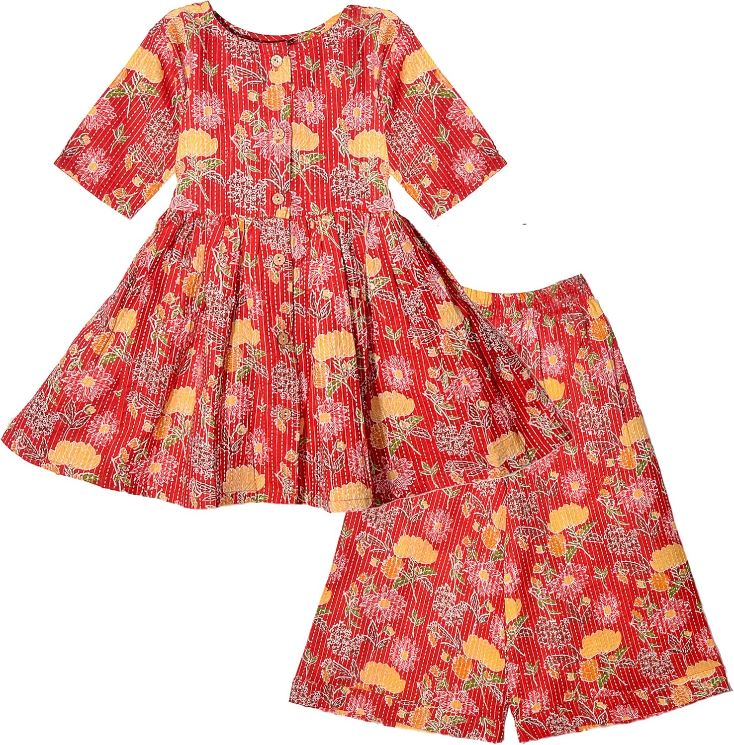 Kids Kurti Pant Co-ord Set for Girls Ethnic Wear (KG119-P) 7-8 Years Red Floral