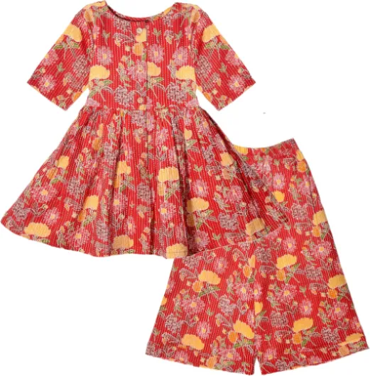 Kids Kurti Pant Co-ord Set for Girls Ethnic Wear (KG119-P) 7-8 Years Red Floral