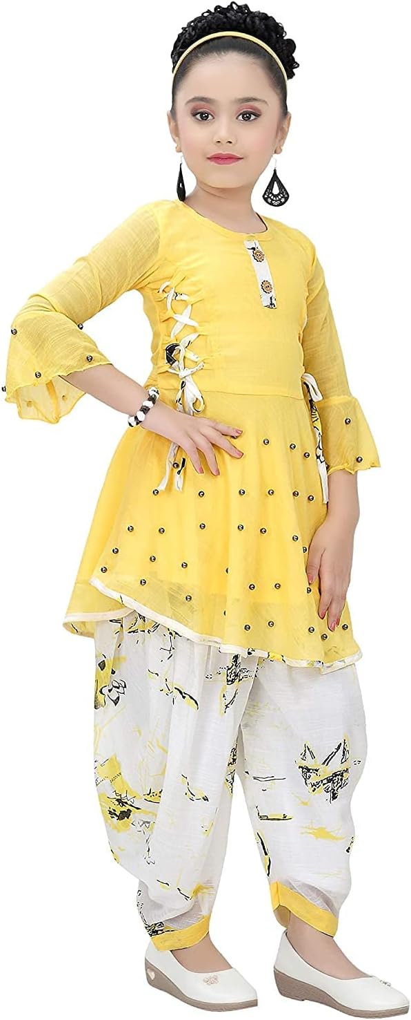 Indian Ethnic Girls Kurta Dhoti Dress Set, Cotton Linen Fabric, Size 2 Years to 14 Years Yellow 2-3T