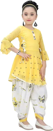 Indian Ethnic Girls Kurta Dhoti Dress Set, Cotton Linen Fabric, Size 2 Years to 14 Years Yellow 2-3T