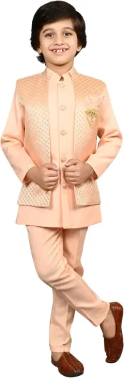 Kids Ethnic Silk Blend Waistcoat, Kurta and Trouser Indo-Western Set For Boys 7-8 Years Orange