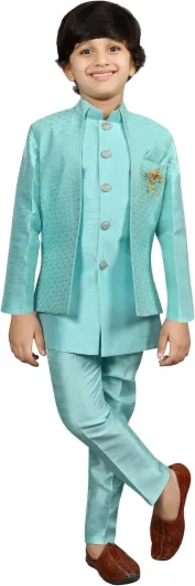 Kids Indian Ethnic Silk Blend Bollywood Style Indo-Western Sherwani Set For Boys 6-7 Years Turquoise Blue