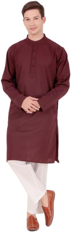 Men's Pure Cotton Solid Indian Kurta Pajama Set Mandarin Collar Daily Wear Casual Yoga Dress Maroon XX-Large