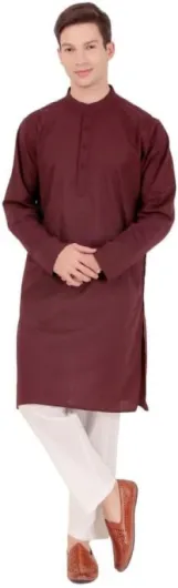 Men's Pure Cotton Solid Indian Kurta Pajama Set Mandarin Collar Daily Wear Casual Yoga Dress Maroon XX-Large