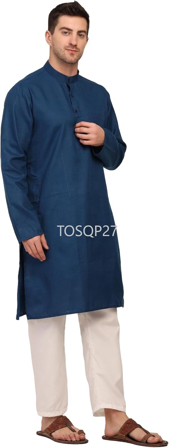 Mens Cotton Kurta Pajama Set Gift Boys Ethnic Wedding Party Grooms Pyjama Outfit Men Traditional Festive Long Sleeve X-Large Dark Blue