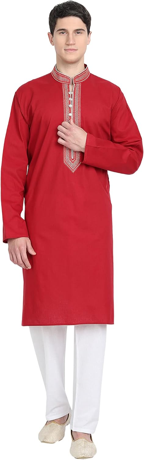 Men's Pure Cotton Embroidered Kurta Pajama Set Thread Work Festive Party Wear Great Father's Day Gift Small Red