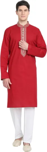 Men's Pure Cotton Embroidered Kurta Pajama Set Thread Work Festive Party Wear Great Father's Day Gift Small Red
