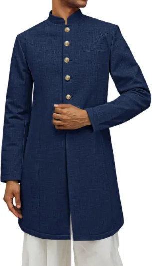 Mens Kurta Coats Indian Mandarin Collar Attire Ethnic Outfits Wedding Festive Party Clothing Casual Kaftan Robe Navy Large