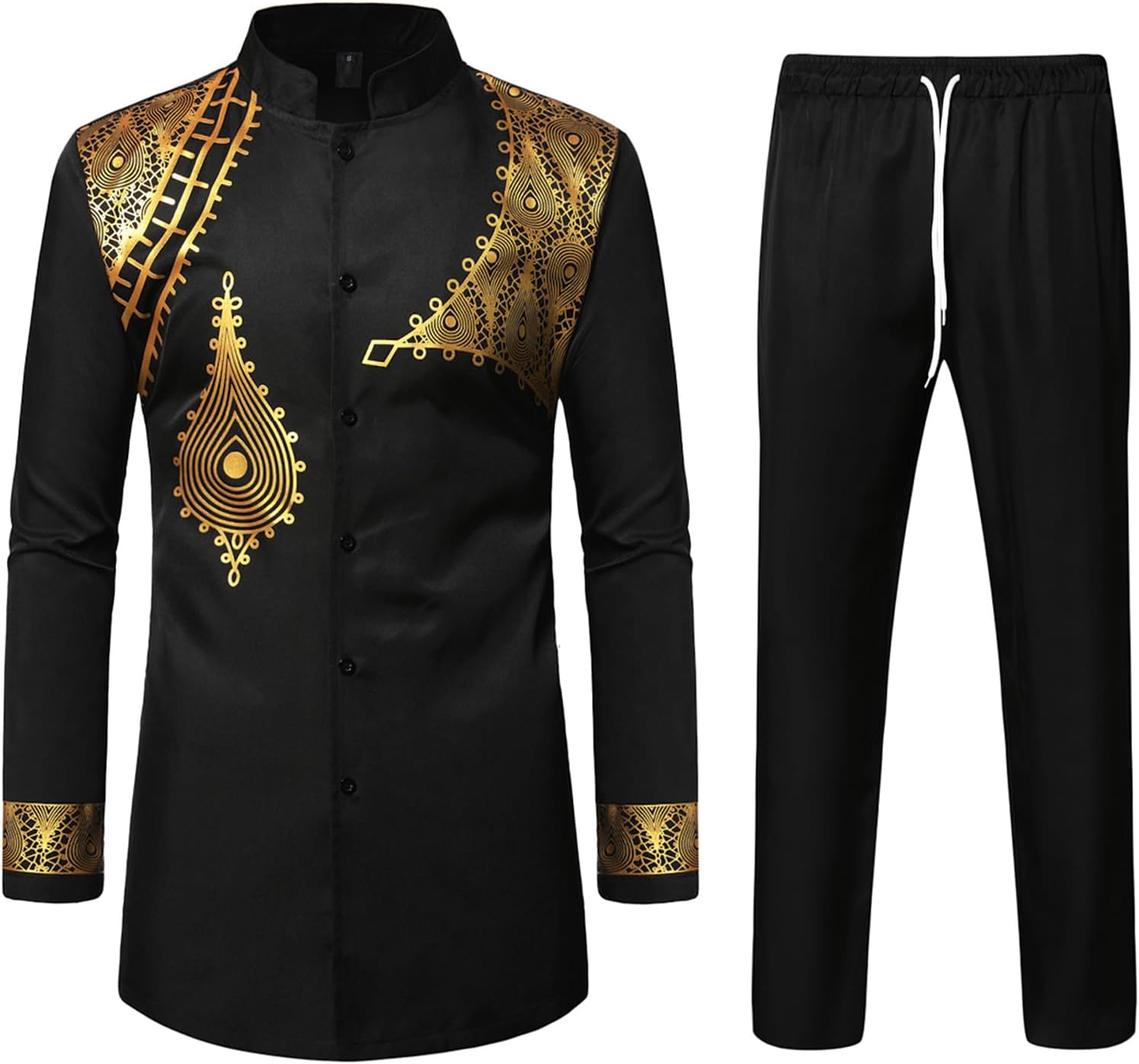 Men's Traditional Suit Long Sleeve Button up African Foil Stamping Dashiki ​​ Shirt and Pants Ethnic 2 Piece Outfit Black Gold Droplet ​​ Large