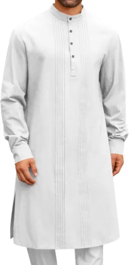 Mens Kaftan Robe Button Down Long Sleeve Cotton Linen Thobe Casual Muslim Gown Henley Shirt White XX-Large