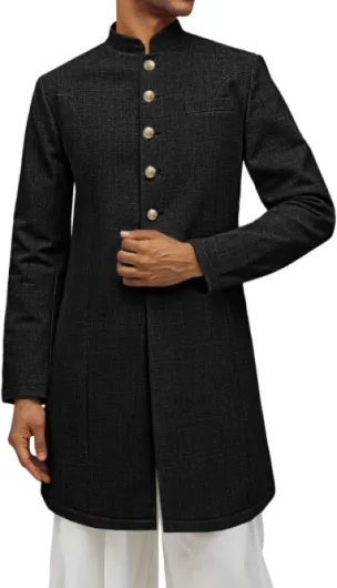 Mens Kurta Coats Indian Mandarin Collar Attire Ethnic Outfits Wedding Festive Party Clothing Casual Kaftan Robe Black XX-Large