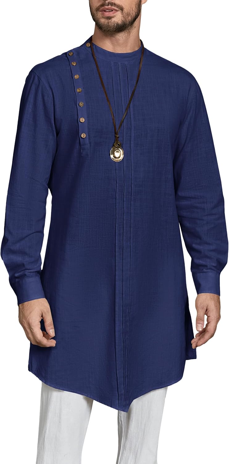 Mens Kaftan Thobe Long Sleeve Robe Gown Casual Cotton Linen Button Muslim Shirt Large Navy