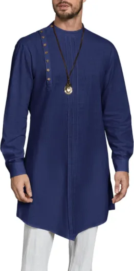 Mens Kaftan Thobe Long Sleeve Robe Gown Casual Cotton Linen Button Muslim Shirt Large Navy