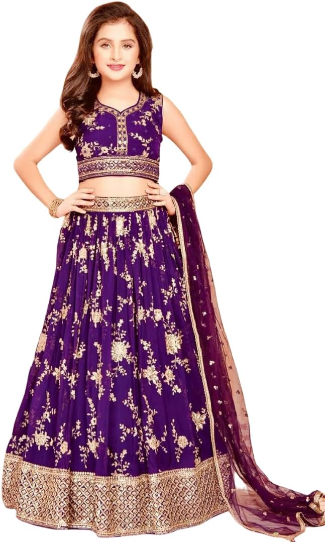 Traditional Purple Lehenga Choli for Girls, Gold Embroidered Floral Design, 3-Piece Wedding Dress with Dupatta 12 Year Purple