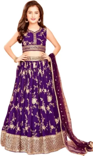 Traditional Purple Lehenga Choli for Girls, Gold Embroidered Floral Design, 3-Piece Wedding Dress with Dupatta 12 Year Purple