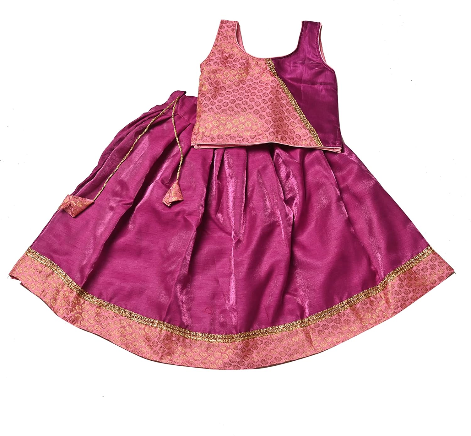 Sequin & Dupion Fabric Sleeveless Party & Wedding Wear Stitched Pattu Pavadai Lehenga Choli for Girls & Kids 11 Year -12 Year