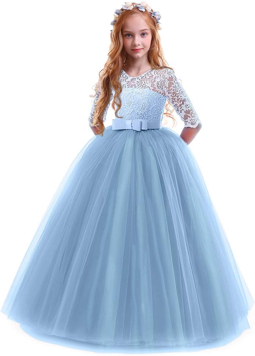 Girls Flower Vintage Floral Lace 3/4 Sleeves Floor Length Dress Wedding Party Evening Formal Pegeant Dance Gown Blue 9-10 Years
