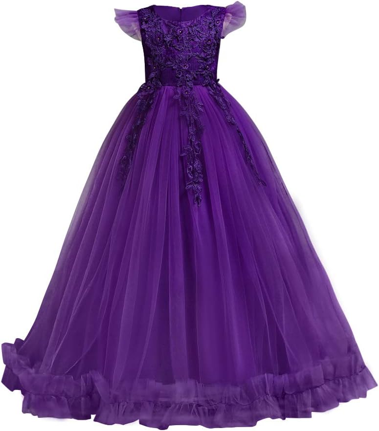 Flower Girls Maxi Dress Bridesmaid Wedding Pageant Party Princess Communion Floral Boho Vintage Lace Dance Gown Purple 5-6 Years