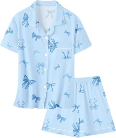 Girls & Women Pajamas Set Soft Short Sleeve Pjs Set Button-Down Sleepwear Nightwear Loungewear Short Sleeve 9-10 Years Bow Blue