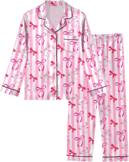 Girls Pajamas Silk PJS Set Satin Sleepwear Long Sleeve Jammies for Kids Button-Down Nightwear Loungewear 3-16 Years Pink Strip Butterfly 11-12 Years