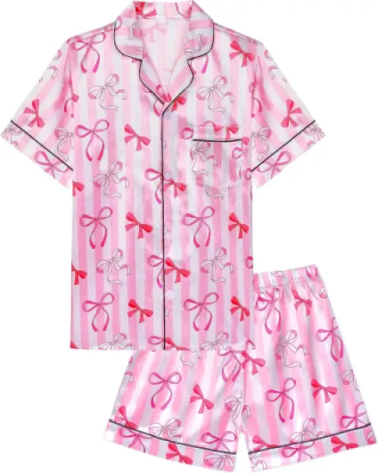 Girls Pajamas Silk PJS Set Pink Bow Satin Sleepwear Short Sleeve Jammies for Kids Button-Down Nightwear size 7-14 Pink Strip Butterfly 13-14 Years