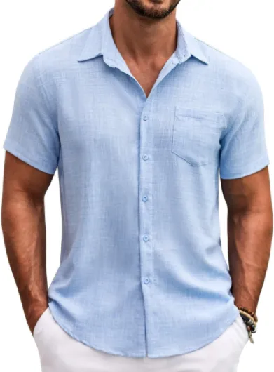 Mens Button Down Short Sleeve Shirt Casual Shirts Summer Beach Textured Shirts with Pocket Light Blue Medium