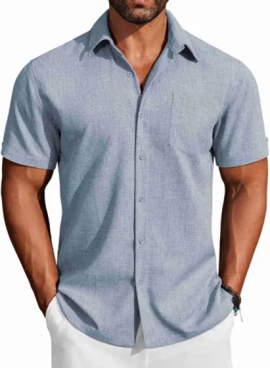 Men's Button Down Shirts Short Sleeve Casual Shirts Summer Beach Linen Shirts with Pocket Light Denim Blue Large