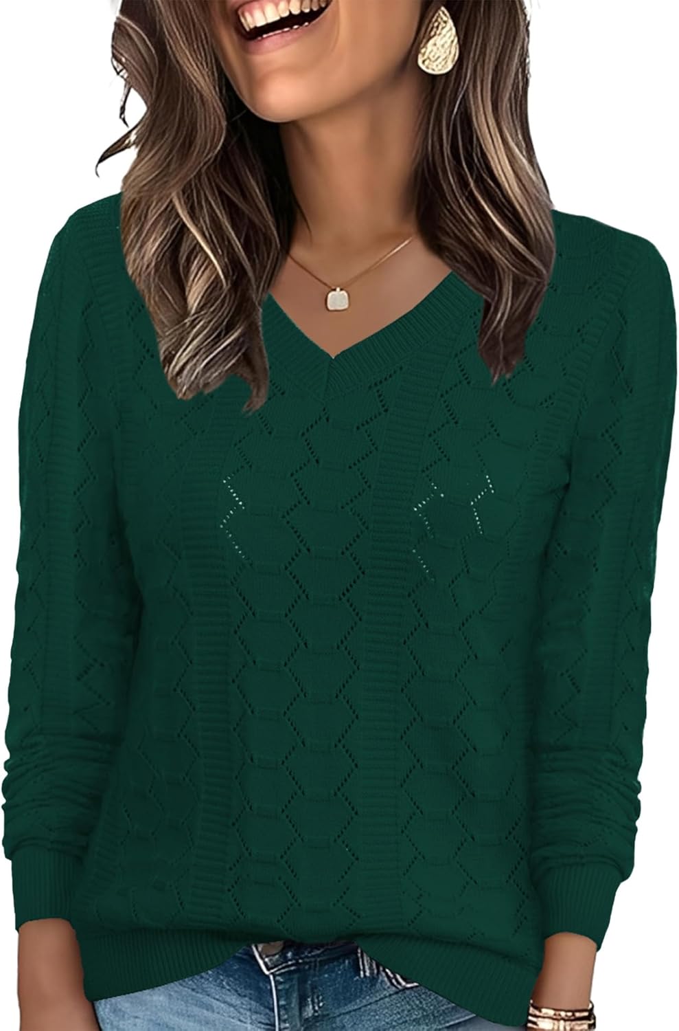 Womens Sweaters V Neck Long Sleeve Pullover Tops Hollow Out Fall Outfits Fashion 2025 Green X-Large